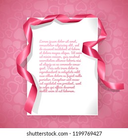 Valentine's day greeting card, with a white leaf for text and a pink bow for decoration, card with a background of seamless pattern with hearts, vector illustration