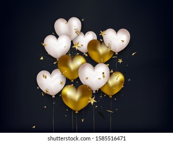  Valentines Day greeting card with white and gold balloons, confetti, 3d stars on black background.Banner for Women's Day or Mothers Day. Vector.