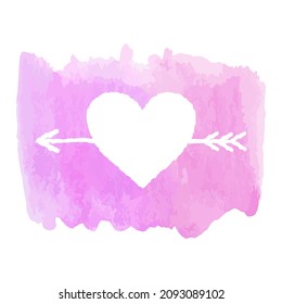 Valentines day greeting card. White heart on pink watercolor background. Hand drawn vector illustration.  