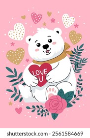 Valentines day greeting card. White bear holds a heart with the inscription I love you in his paws. Pink background with hearts and leaves. Cute romantic illustration. Valentine card.