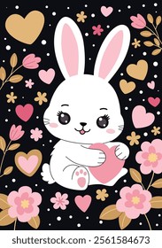 Valentines day greeting card. White cute bunny holds a heart in his paws. Dark background with hears and flowers. Trendy style. Valentine illustration.