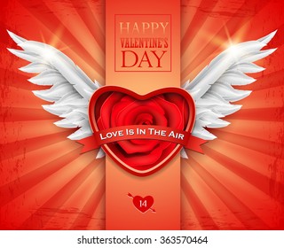 Valentine's day greeting card with white angel wings and red rose.
