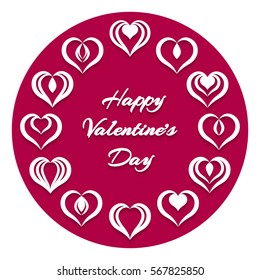Valentine's Day greeting card with white hearts arranged in a circle on red background.