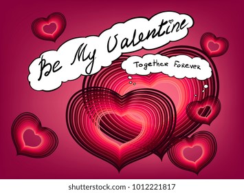 Valentines day greeting card will you be my valentine handwritten text vector. Heart of love Graphic design by Pink and Red line Movement on pink background; Vector illustration in comic style.