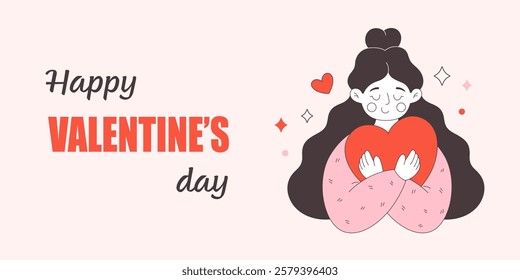 Valentines Day greeting card with woman hugging red heart. Love yourself. Self-care and acceptance. Mental health concept. Vector doodle illustration, hand drawn design