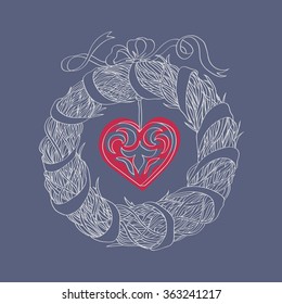 Valentine's Day greeting card. Wreath of twigs and heart. Vector illustration