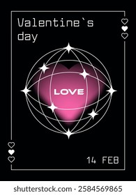 Valentine's Day greeting card in y2k style with a heart and lettering love enclosed in a sphere