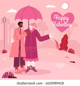 Valentine's Day greeting card. Young couple standing under umbrella on a rainy day. modern flat style vector illustration