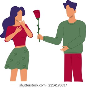 Valentines day greeting card with young couple knee deep flat style drawing