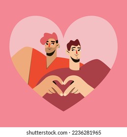 valentine's day greeting card, young couple of people in love, flat illustration, love, background with heart, homosexual couple family, lgbt