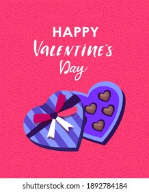 Valentine's Day Greeting Card,Brochure.Gift Box Festive Romantic Chocolate Candies for Romantic Dinner,Dating.Valentine Heart Shape Present.Sweet Chocolates Candy.Layout Invitation Vector Illustration