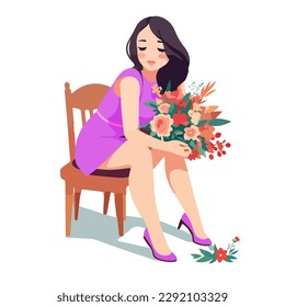 Valentines day greeting card.Brunette with long hair sits in a pink or violet blouse and holding a bouquet of flowers in her hands. Brunette sitting and smiling