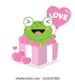 Valentines day greeting card.Cute frog holding pink ballon and sit in the gift box 