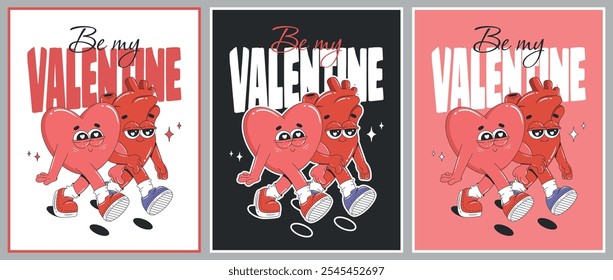 Valentines day greeting cards. Be my valentine. Groovy heart characters. Trendy retro 60s 70s cartoon style.
