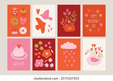 Valentine's Day greeting cards with birds, cupcake, hearts, donuts, flowers, swan, cloud, cake, stars, love letter in Red, Gold, Pink and White. Perfect for holiday decoration. Vector illustration