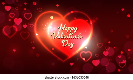Valentines day greeting cards, Bright shiny red gold heart shape on dark red bokeh background. Happy valentines day holiday background. Shiny gold lettering. Vector illustration