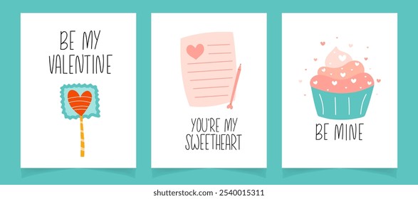 Valentines Day greeting cards collection with hand drawn quotes and elements. Ideal for lovely postcards 
