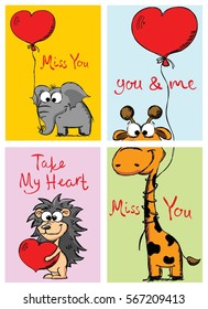 Valentine's Day Greeting Cards with cute giraffe, elephant, hedgehog and hand drawn Love lettering.