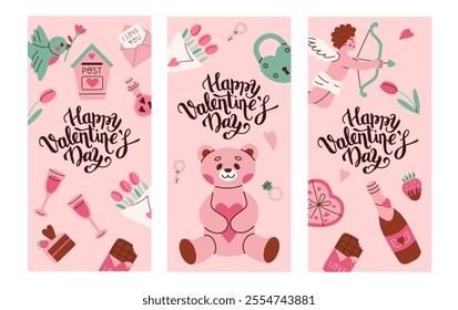 Valentine's Day greeting cards in flat style with romantic elements: teddy bear, Cupid, hearts, flowers, chocolate, and wine. Perfect for celebrating love, sharing affection, or as decoration.