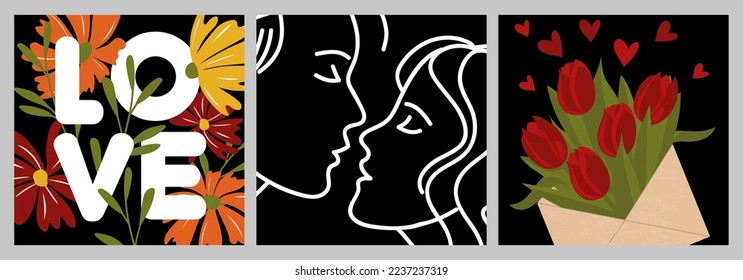 Valentine's Day greeting cards. Floral patterns, contour drawing of abstract faces on a black background. For publications on social networks, mobile applications, advertising, web.