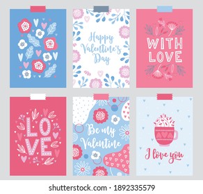 Valentine's Day greeting cards with flowers, leaves, berries, hearts, abstract shapes, meringue, ice cream. Scandinavian style. Perfect for spring and summer holidays, wedding. Vector illustration