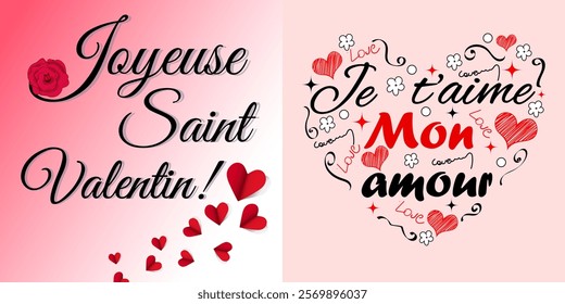 Valentine's Day greeting cards in French. Words of love in floral design for a spring mood. Vector illustration of a set of backgrounds.Templates for holidays, advertising, branding, banners, covers.