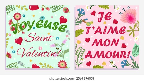 Valentine's Day greeting cards in French. Words of love in floral design for a spring mood. Vector illustration of a set of backgrounds.Templates for holidays, advertising, branding, banners, covers.