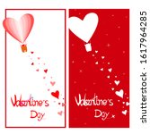 Valentine's day greeting cards. 
Heart shaped balloon floating in the sky With many heart-shaped papers falling down.