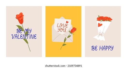 Valentine's day greeting cards with lettering. Vector hand drawn quotes love you, be my valentine and be happy. Envelope with letter and roses illustration