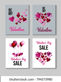 Valentines Day Greeting Cards, Love Holiday Sale Banner Ads Vector Set. Romantic Background, Gift Voucher Template. Pink, Red, White, Valentines Day Greeting Cards, Sale Banner Ads with Lettering.