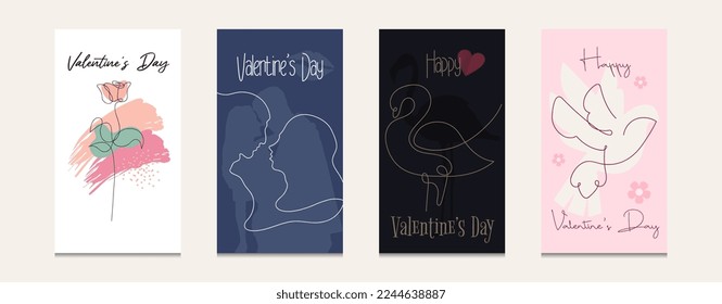 Valentine's day greeting cards with one-line art vector illustrations