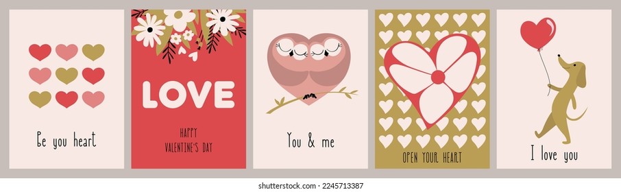 Valentine's Day greeting cards. Painted illustrations with hearts, flowers, words and a dog. For publications on social networks, mobile applications, advertising, web.