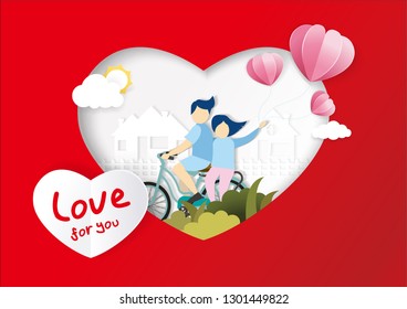 
Valentine's Day greeting cards with pictures of young cycling couples with a red heart background.Vector illustration. paper craft style