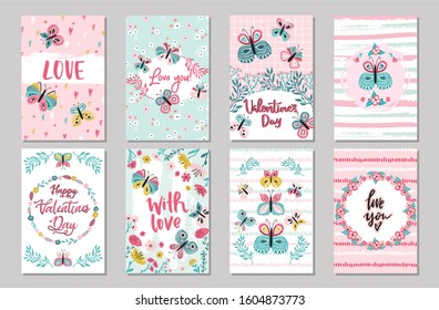 Valentine's day greeting cards and posters with hand drawn butterflies and decorative textured brush strokes on background. Happy Valentine's day, Love you words,vector illustration scandinavian style