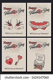 Valentine's Day Greeting Cards, Posters Set, Old School Traditional Tattoo Design Style, Swallows, Hearts, Key and Lock, Love Letter