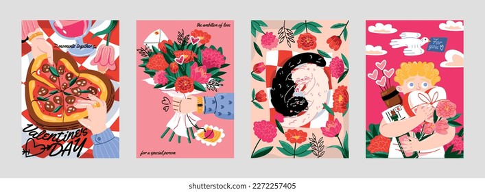 Valentines Day greeting cards. Posters for February 14th. Couple on romantic date, bouquet of flowers, cupid with candies and fluffy cats. Cartoon flat vector collection isolated on gray background