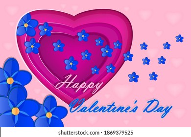 Valentine's Day greeting cards with red heart and blue flower on pink background. Paper cut art. Valentines day banner.Abstract backdrop with text, layered heart and violet flowers.Vector illustration