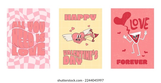 Valentine's day greeting cards in retro 70s style. vector illustration