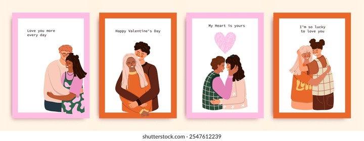 Valentine's Day Greeting Cards with romantic couples in love. Vector.