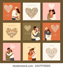 Valentine's Day Greeting Cards with a romantic couple in love. Vector.