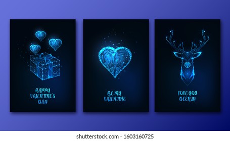 Valentines Day greeting cards set with futuristic glowing low polygonal heart, gift box, deer head and text on dark blue background. Modern wire frame mesh design vector illustration.