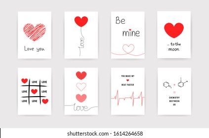 Valentine's day greeting cards set. Vector thin one line design with hearts simple flat style. Hand written lettering decorative brush strokes, love symbols for gifts, cards, posters