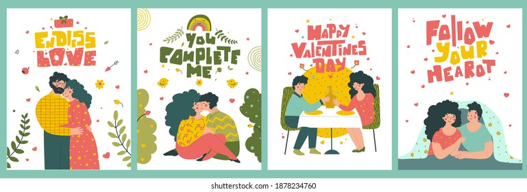 Valentine's day greeting cards set, flat vector illustration.