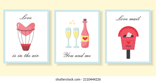 Valentine's Day greeting cards set with love mailbox, hot air balloon in the shape of heart and wine bottle with two glasses of champagne. Cute love lettering. Design for Valentine and wedding.