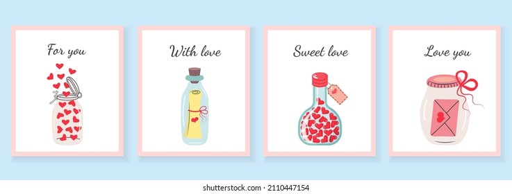 Tarjetas de saludo de San Valentín con frascos de vidrio y botellas, corazones y cartas dentro. Leer amor lindo. Diseño para San Valentín y boda.