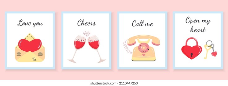 Valentine's Day greeting cards set with envelope, wine glasses, landline phone, lock and key. Cute love lettering. Design for Valentine and wedding.