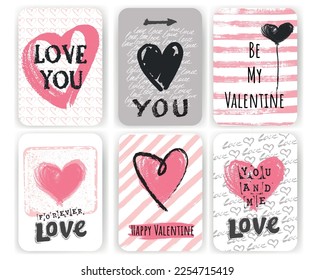 Valentines day greeting cards  set  withhand drawn hand drawn lettering and decorative elements. Vector illustration for invitations, cards, posters and flyers. 