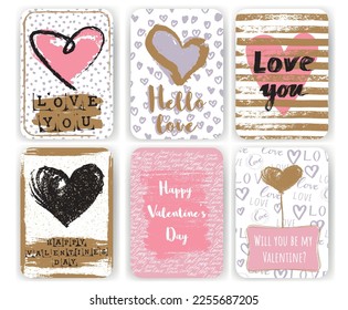 Valentines day greeting cards  set  withhand drawn hand drawn lettering and decorative elements. Vector illustration for invitations, cards, posters and flyers. 