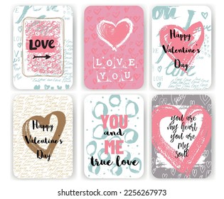 Valentines day greeting cards  set  with hand drawn lettering and decorative elements. Vector illustration for invitations, cards, posters and flyers. 
