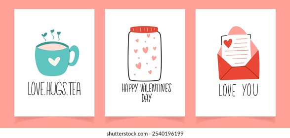 Valentines day greeting cards set. Hand written lettering and hand drawn decorative elements for lovely postcards 

